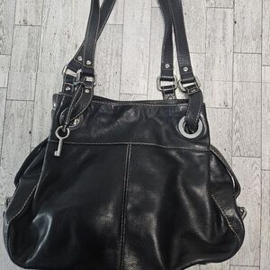 Fossil Black Leather Shoulder Bag Tote Purse Silver Key Large Snap Button Closer